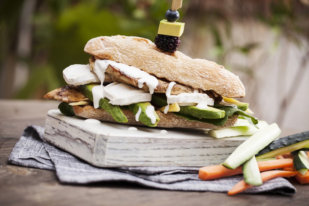 Cumin and lemon marinated grilled chicken sandwich with goat cheese, avocado and crème fraîche. Refreshingly delicious!